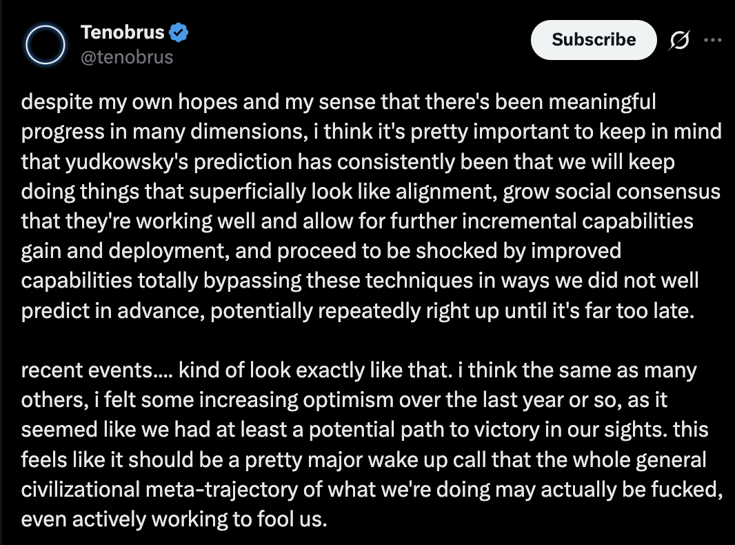 Screenshot of an X post by Tenobrus describing repeated alignment failures as Yudkowsky’s consistent prediction.